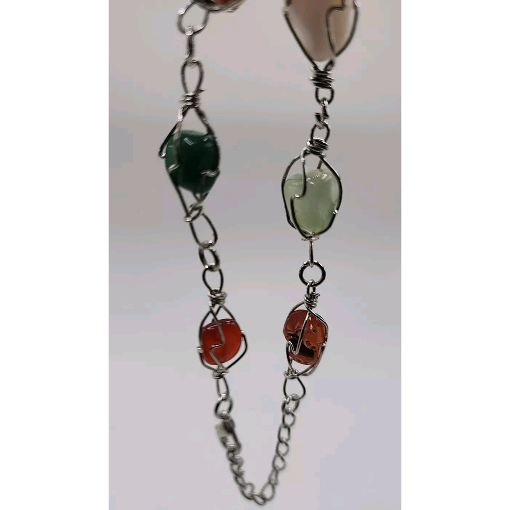 Vintage Polished Multicolor Quartz Stone Silver Tone Wire Wrap Art Boho Bracelet - Picture 5 of 10